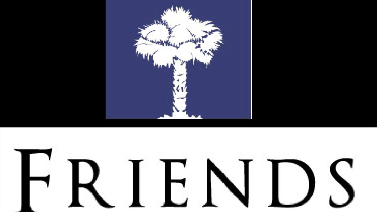 A white palm tree on a blue background with the words Friends of Charleston National Parks below