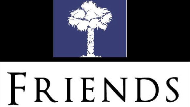 A white palm tree on a blue background with the words Friends of Charleston National Parks below