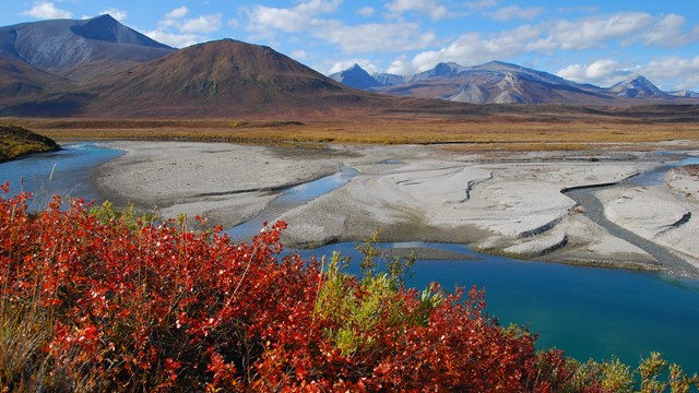 Distant mountains rise high while the Noatak River flows past fall colors in the foreground