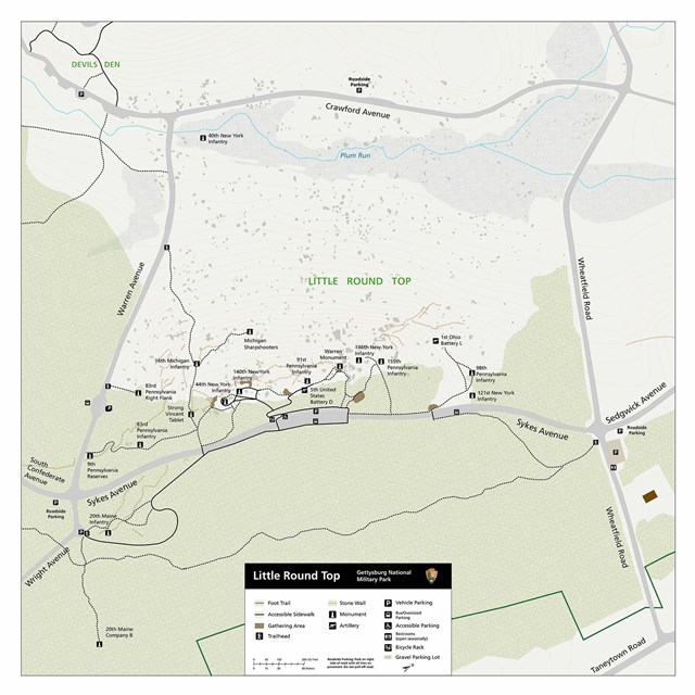A map shows the area of Little Round Top with roads and icons for trails, monuments, and cannons.