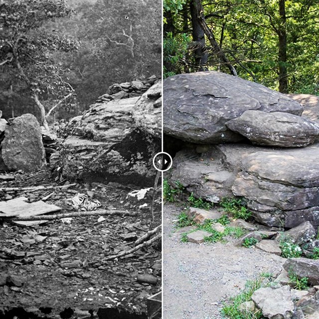 Large boulder on the left in black and white and newer image of same boulder as it is today.