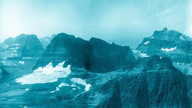 High perspective of a mountain landscape with a glacier