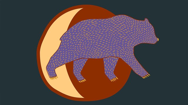 An illustration of a purple bear walking across a crescent moon