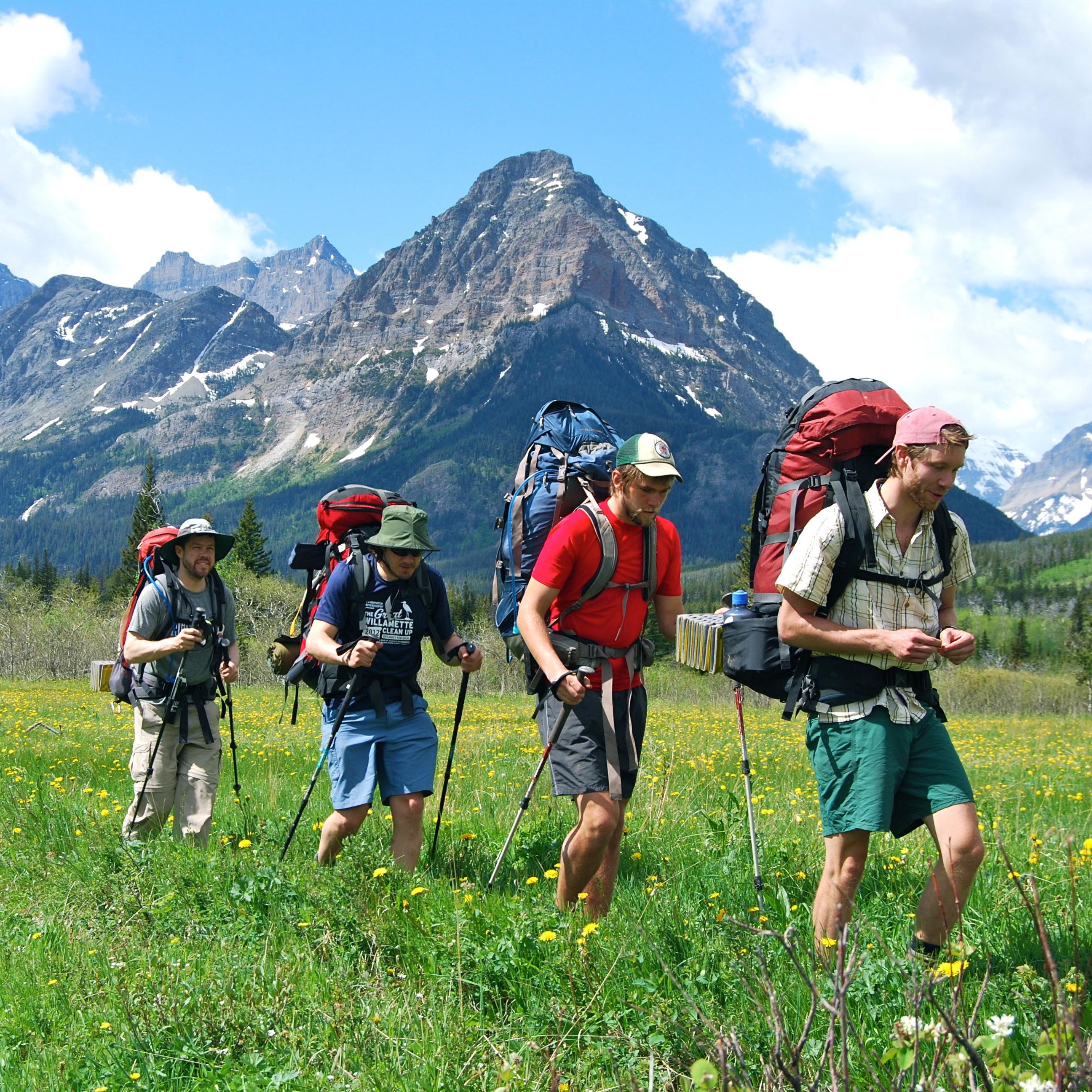 Hiking. Глейшер парк туристы. Бэкпэкинг треккинг. Треккинг в горах. Поход Канада.