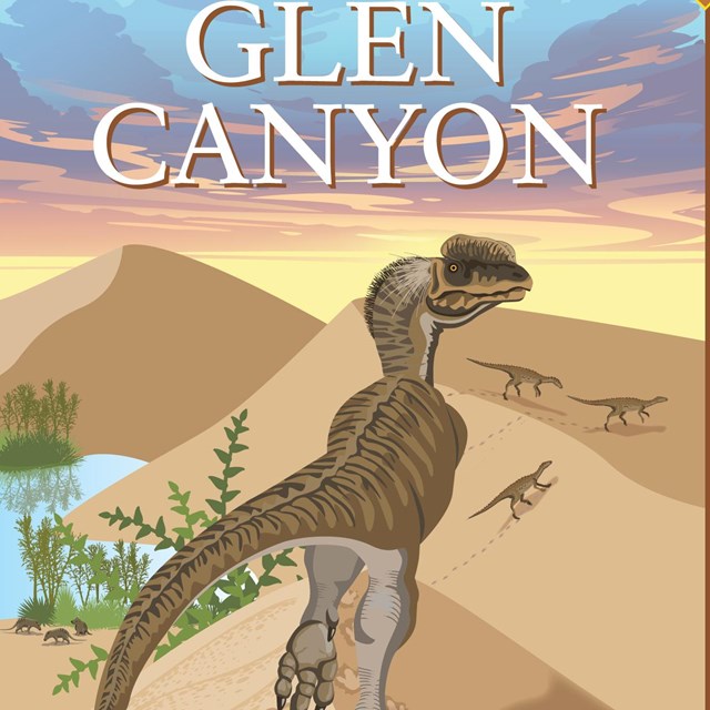 illustration of dinosaur on two legs walking along a desert dune with a few of its kind ahead. Near