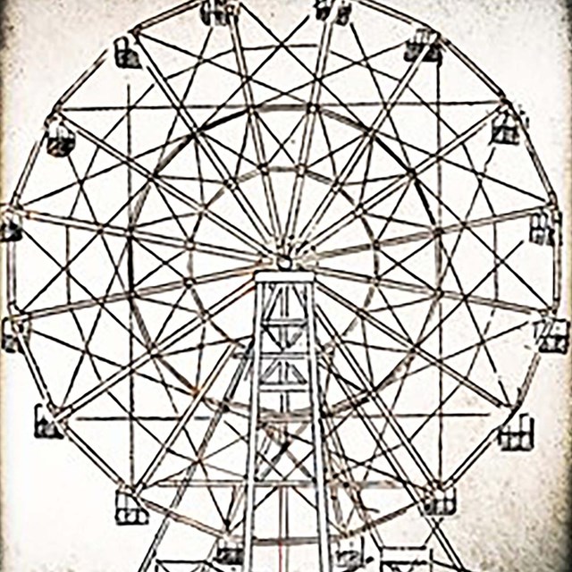 historic ink drawing of a ferris wheel