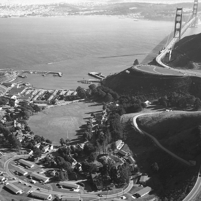 A view of Fort Baker with the Golden Gate Bridge in the background 