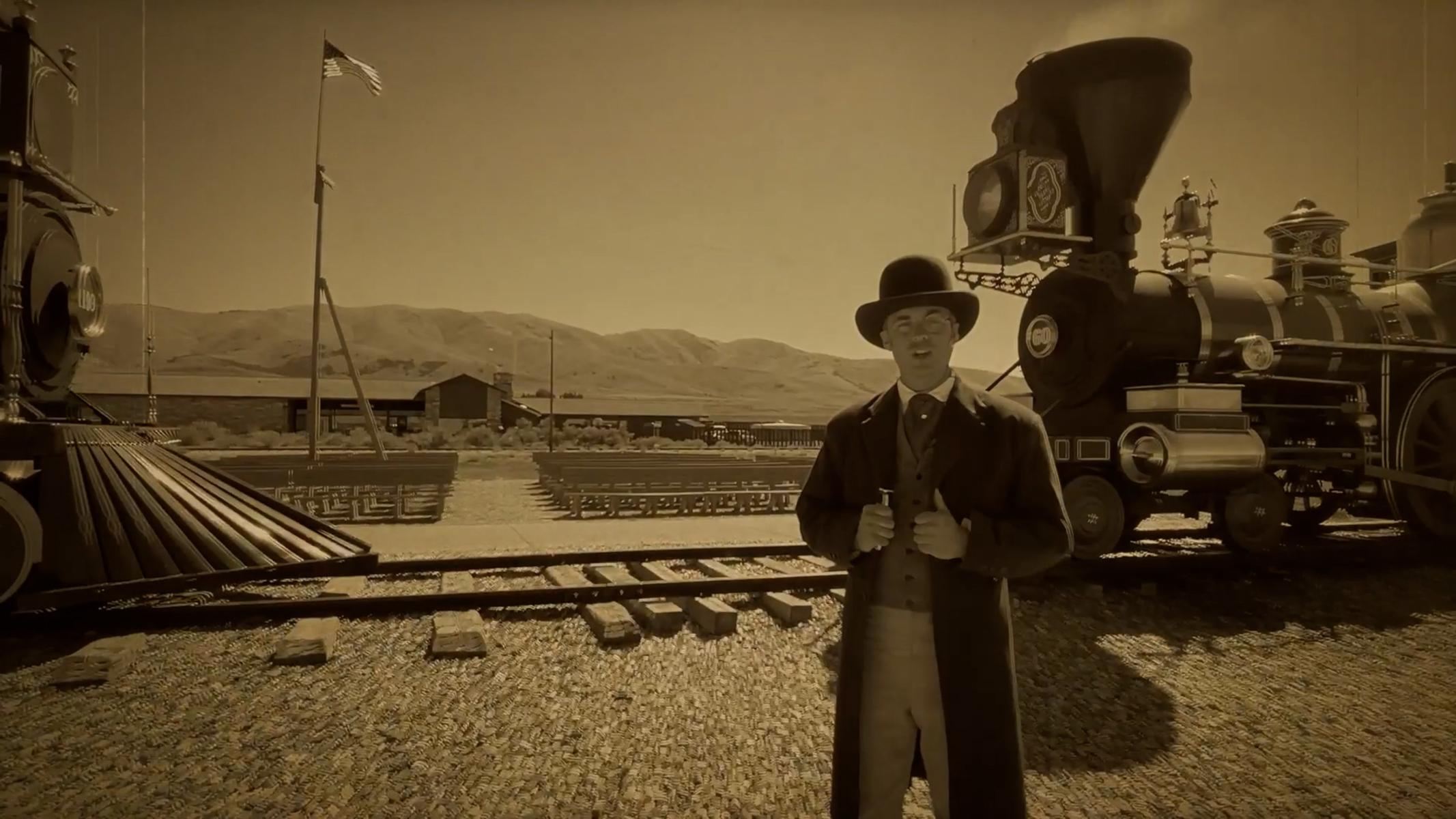 Sepia Colored image man in front of two locomotives