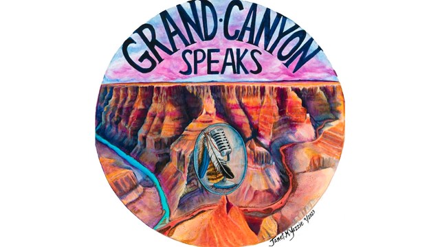 Two rivers meet deep in a canyon. A microphone with feathers under the words: Grand Canyon Speaks.