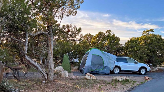 In a forested campground, a white car, parked in a paved campsite, has a tent attached in back 
