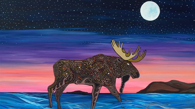Painting of a moose walking in water in front of a sunset sky with a full moon.