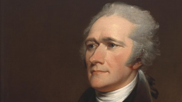 A painting of Alexander Hamilton, who wears a black coat and white neck ruffles.