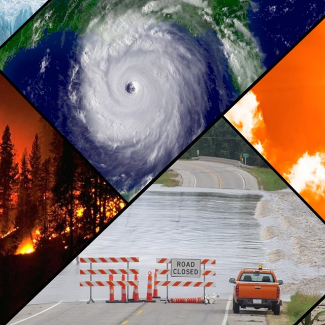 A collage of images of various bad weather. A hurricane in the Gulf of Mexico, forest fires, floods
