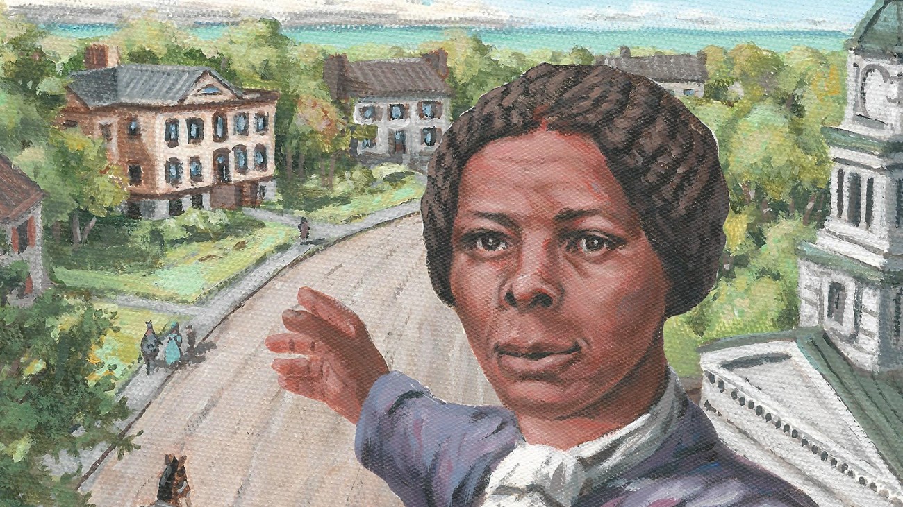 Cover illustration with Harriet Tubman in foreground, historic Auburn in background