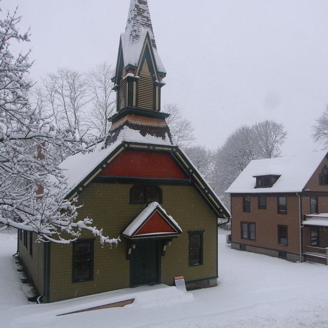 A church building in heavy snow.