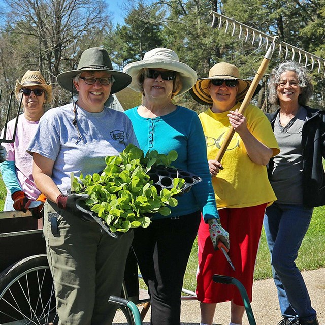 A group of people in a garden holding a crate of fresh vegetables.