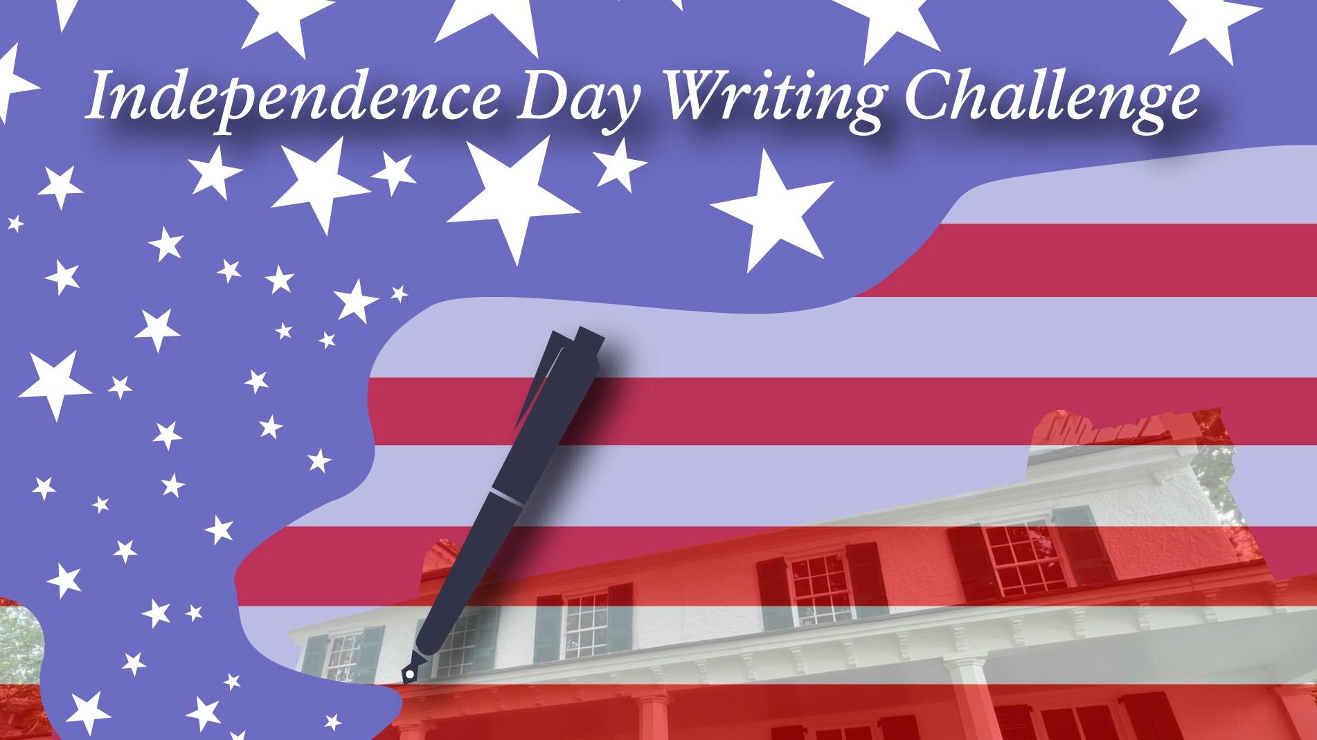 A graphic image of a white house behind red and white strips, an illustrated pen with stars
