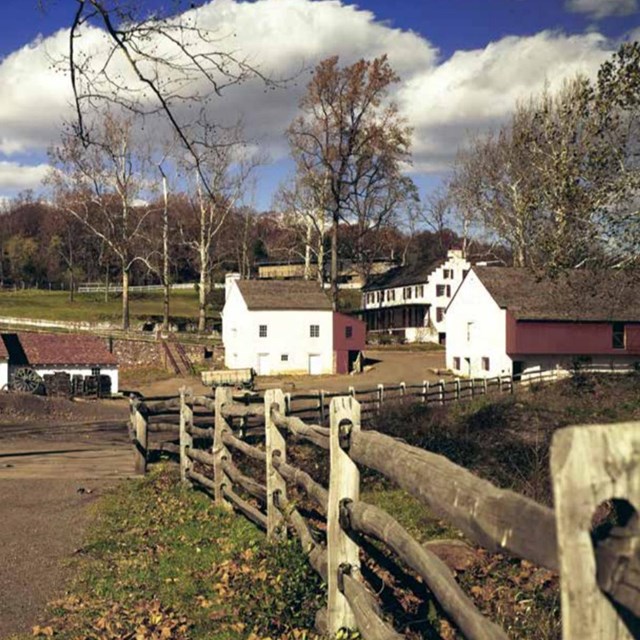 A view of a various buildings of different sizes in a village. 