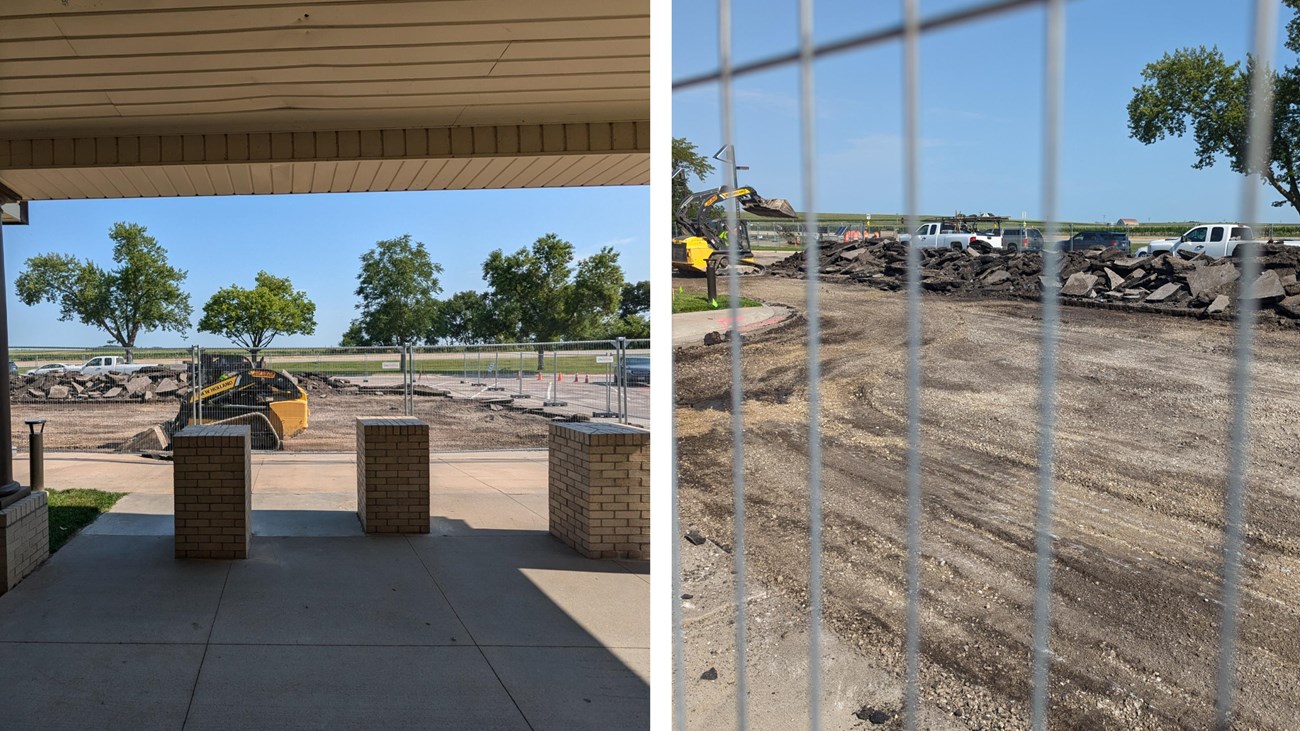 Top left, top right, and bottom right show parking lot construction work. Bottom left shows car lot.