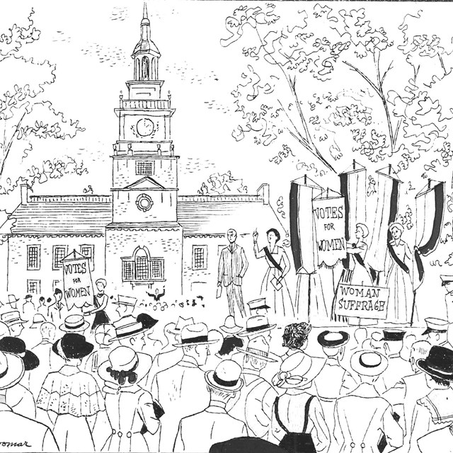 Black and white illustration showing women speaking to a crowd on Independence Square.