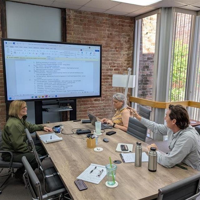 Two women and a man sit at a conference table and look at a large screen of text.