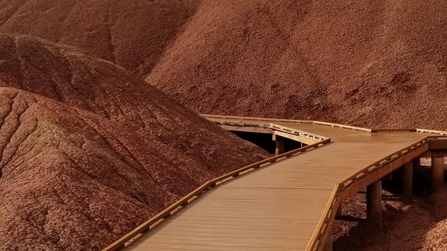 A boardwalk path winds through red hills.