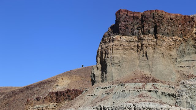 A rock outcrop with a dark brown layer at top, and two slightly lighter layers below.