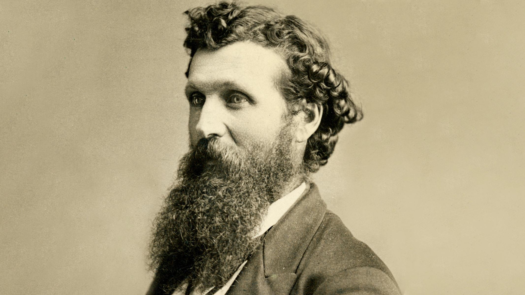 A middle-aged man with a long beard is wearing a suite and posing for a photograph. 