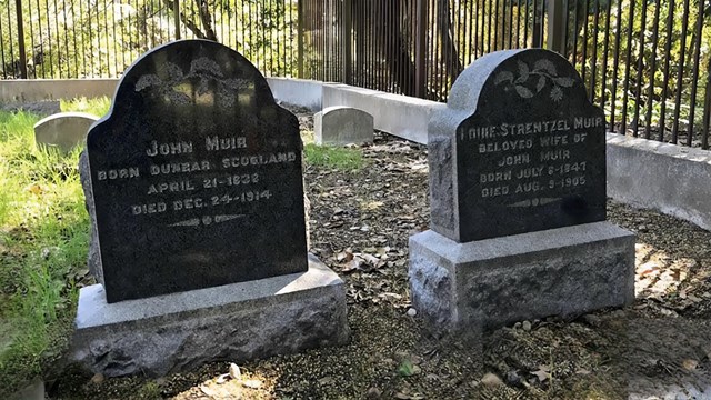 Two gravestones sit in the ground. 