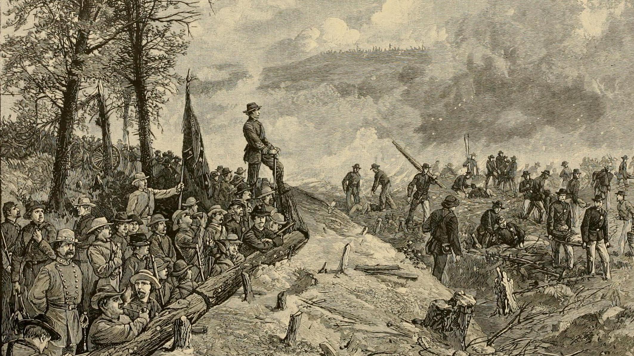 Black and white print of soldiers on either side of fallen log. One soldier stands at center.