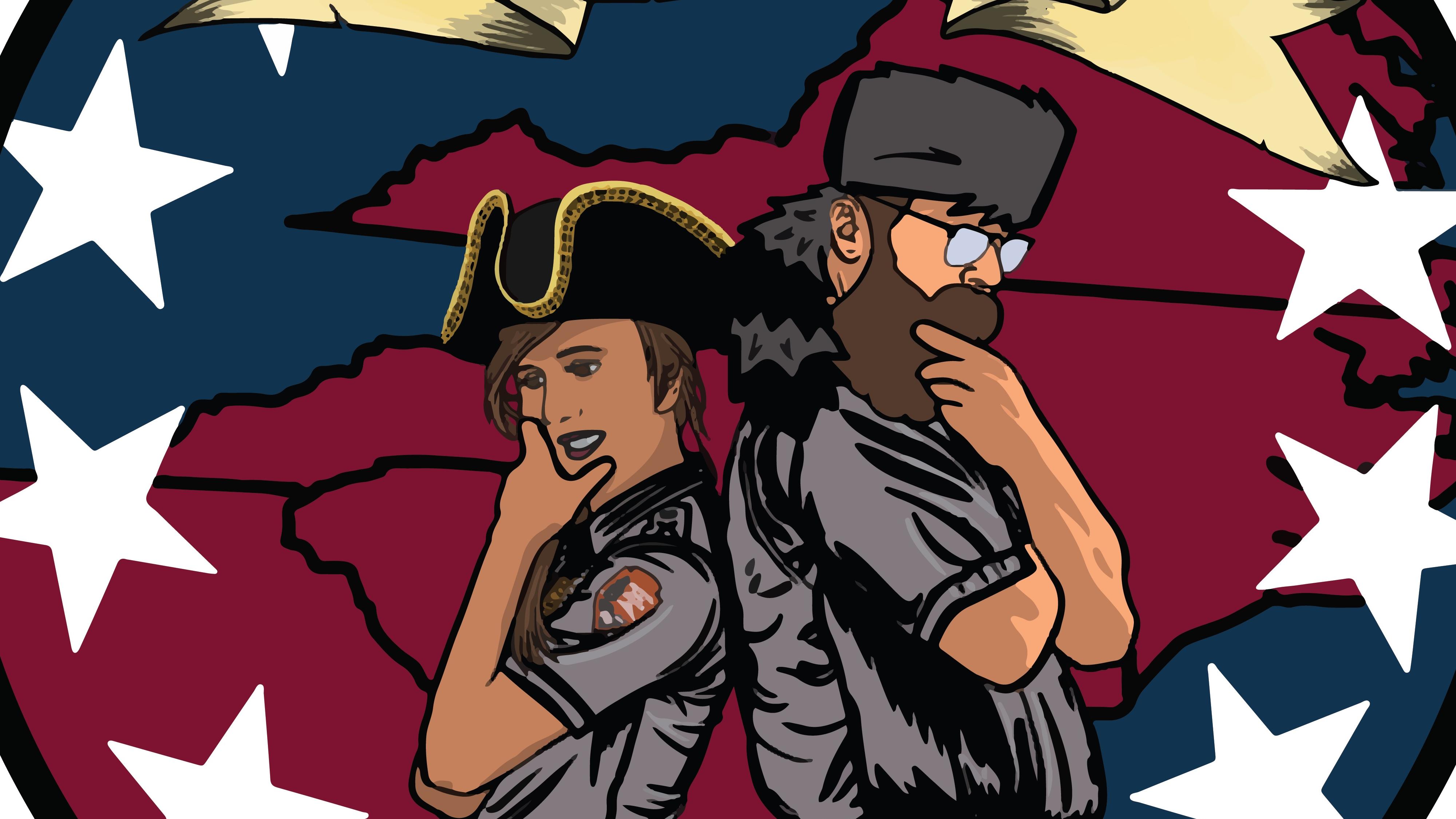 A drawing of two park rangers standing back to back in uniform