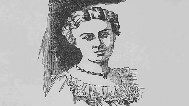 A sketched image of a historic woman in black and white.