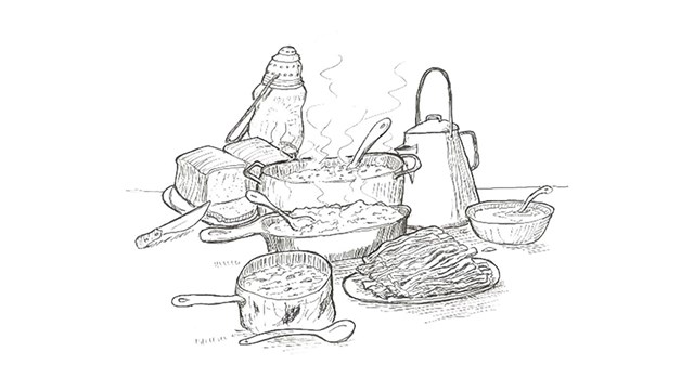 A sketched images of some food items including pots full of stew, coffee pot and sliced bread.