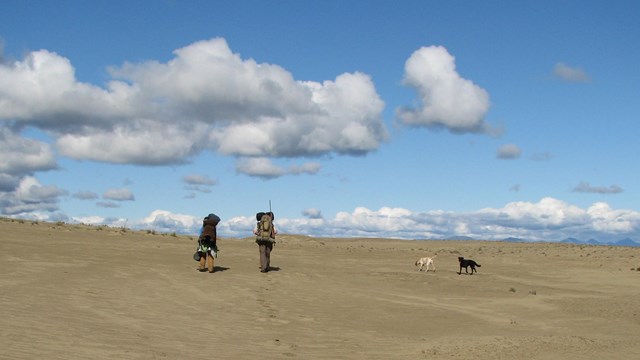 Two visitors walking through Kobuk Valley sand dunes 