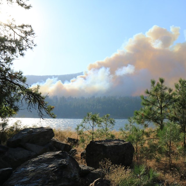 Smoke billowing on a hillside overlooking a lake and trees.