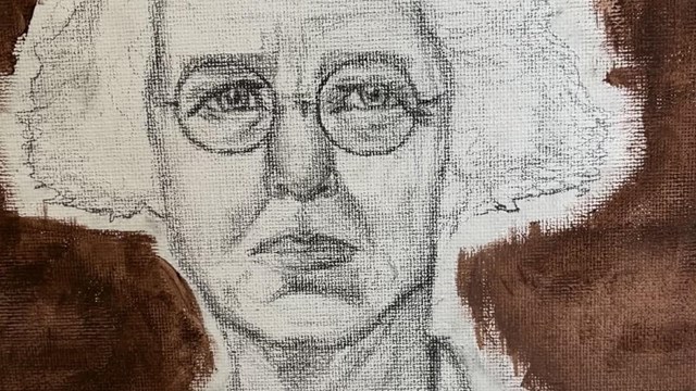 Drawing on pencil of woman with short curly hair, glasses, and not smiling. The background is brown 
