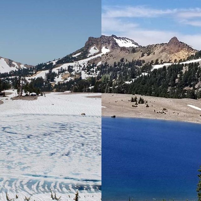 A photo of a blue lake in the summer with the left half under ice in the spring. 