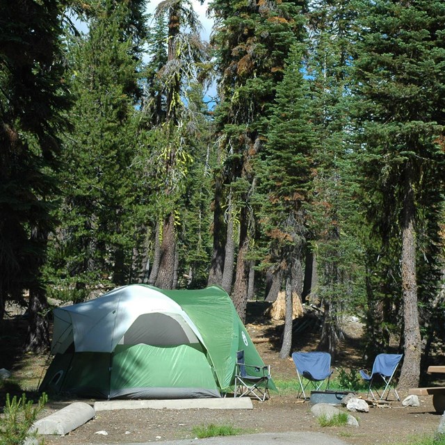 A campsite with a green tent, two chairs in front of a fire pit, a picnic table, and metal box