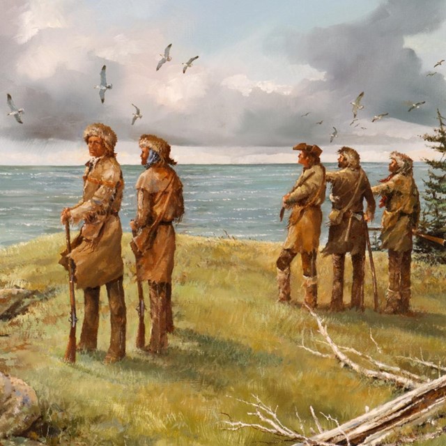 painting of five men outdoors
