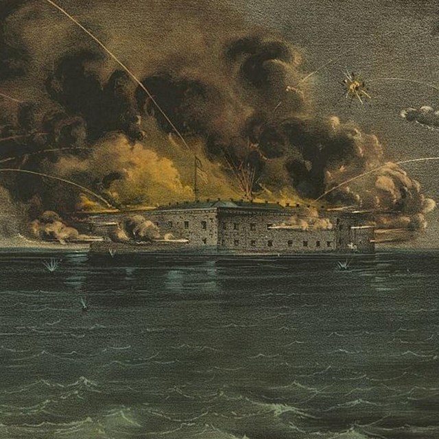 Drawing of Fort Sumter being bombarded by Confederate ships on the water