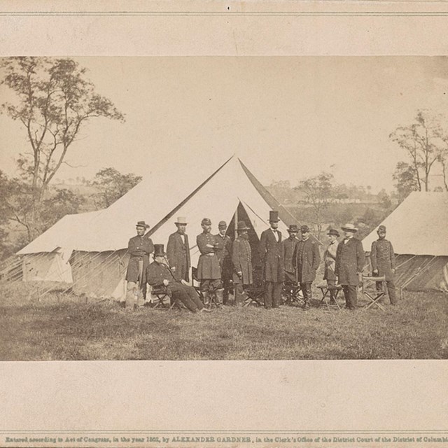 Abraham Lincoln with General McClellan and Union soldiers in Civil War Camp
