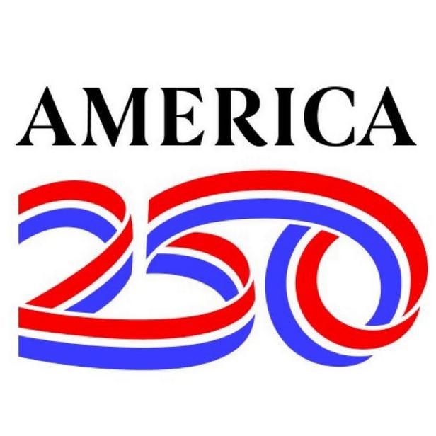 America 250 logo with red and blue ribbon spelling out 