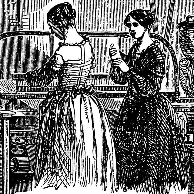 An illustration of two women working on a loom in a textile factory.