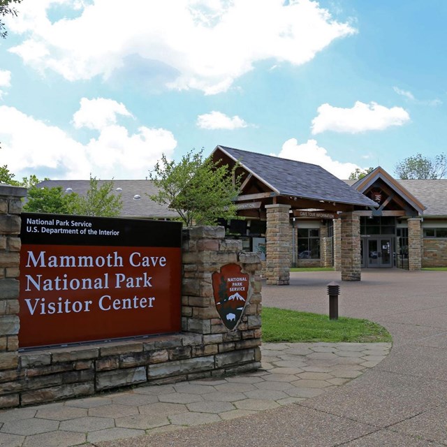 Exterior of the Mammoth Cave Visitor Center North entrance on a sunny day.