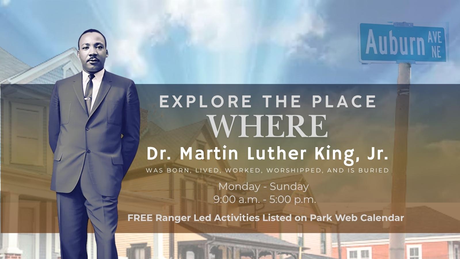 Standing Photograph of Martin Luther King, Jr. with Birth Home Block in Background