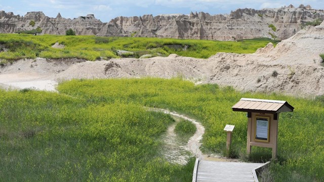 A boardwalk leads past a sign to a footpath. Jagged white rock formations are in the distance.