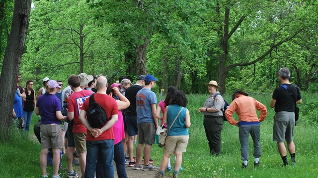 A park ranger gives a tour in a green, wooded area for multiple visitors