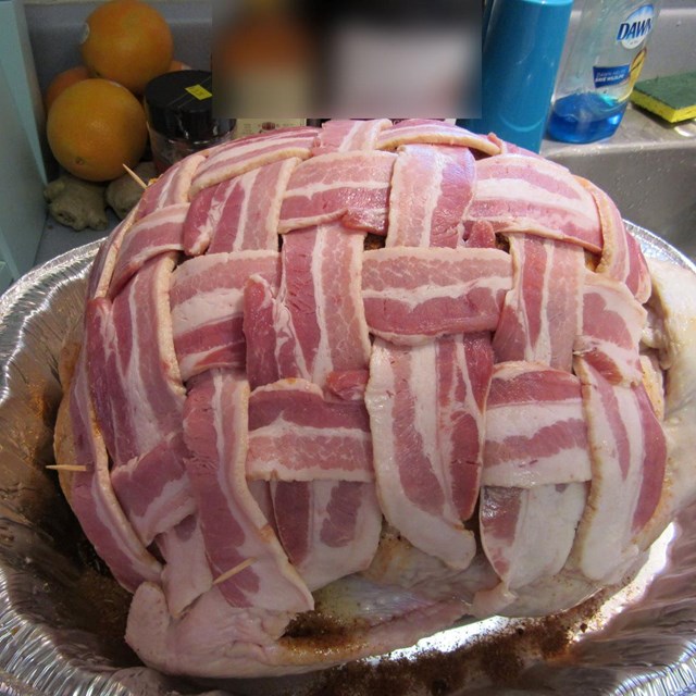 Turkey wrapped in bacon.