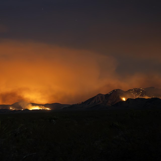 A wildfire at night with orange flames and smoke on a mountainside
