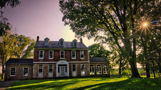 The Thomas House with the sun shining through the trees at right of the image